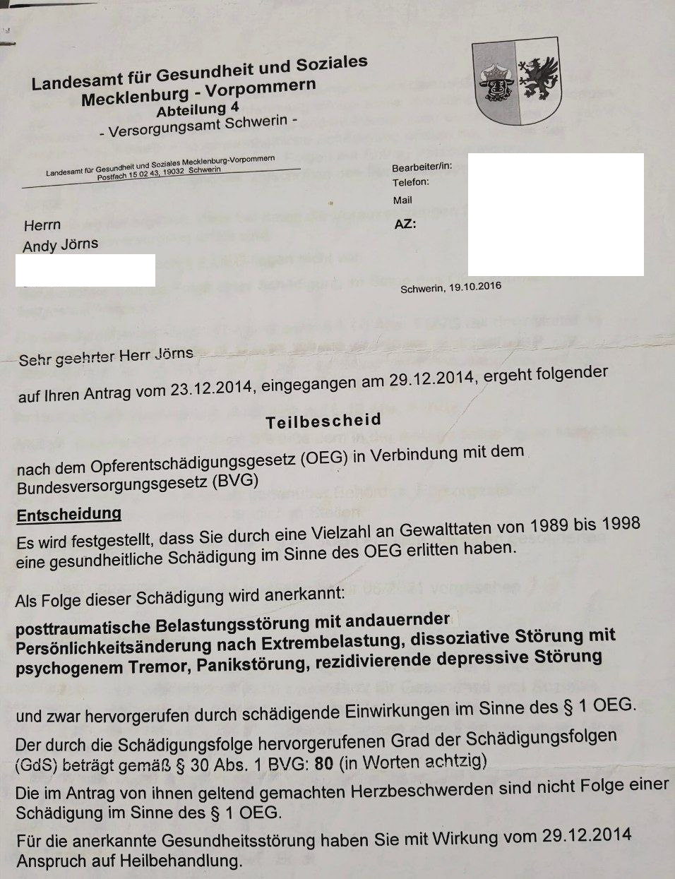 Offizielles Dokument des deutschen Staates mit Angabe des Grads der Schädigung
